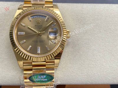 AR Factory Rolex Daydate 40*12.2mm 3255 Movement Yellow Gold Face Baguette Markers Watch